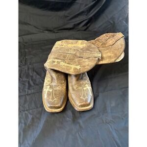 Corral Womens Distressed Brown Leather Cross Overlay Square Toe Cowboy Boots
